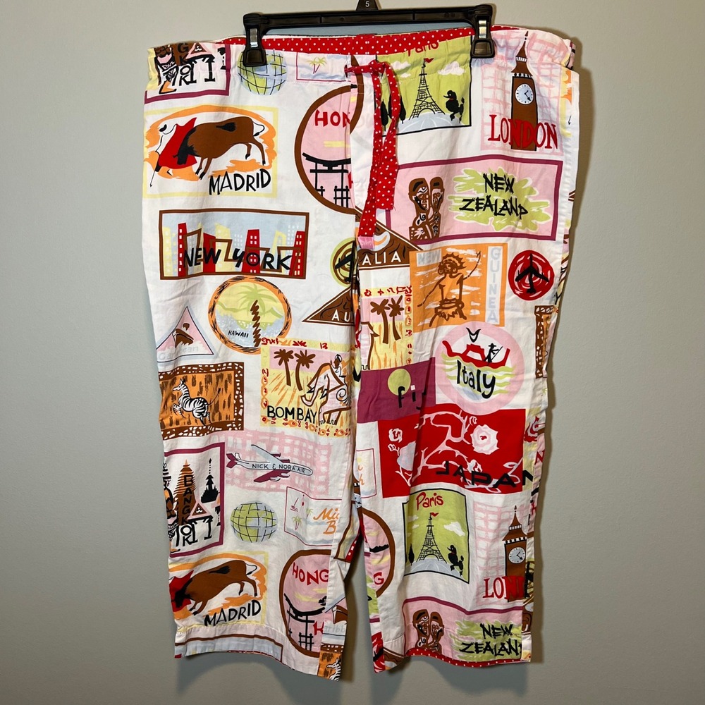 Nick & Nora Women's Large Travel Postcard Cropped Pajama Pants Cotton Sleepwear